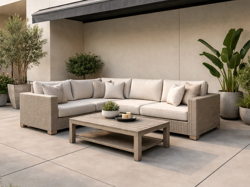 Outdoor showroom patio furniture display set up on a retailer showroom patio.