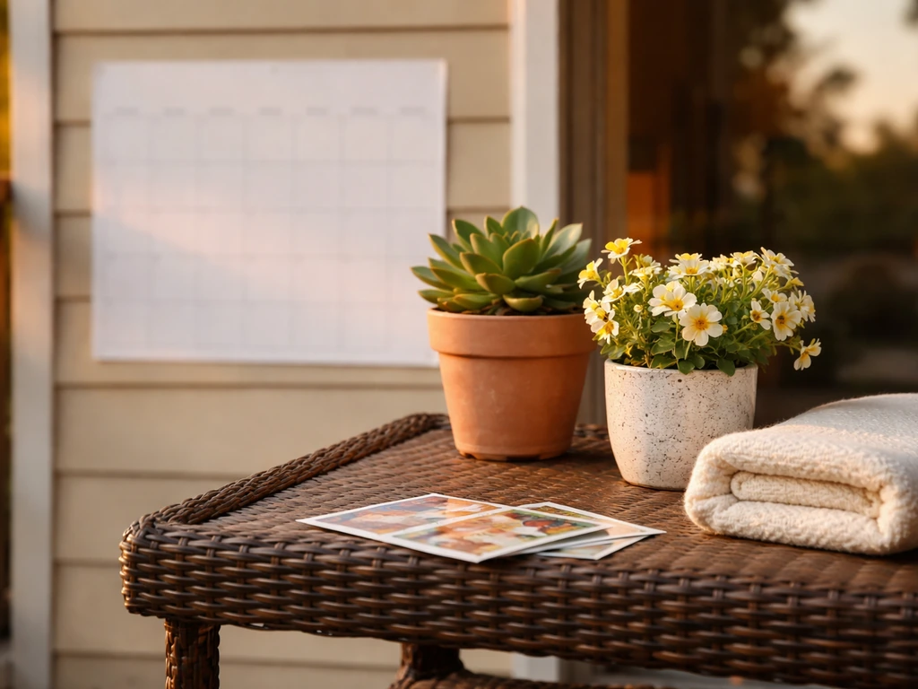 Outdoor patio table with plants and a blank calendar-style sheet suggesting summer sale timing