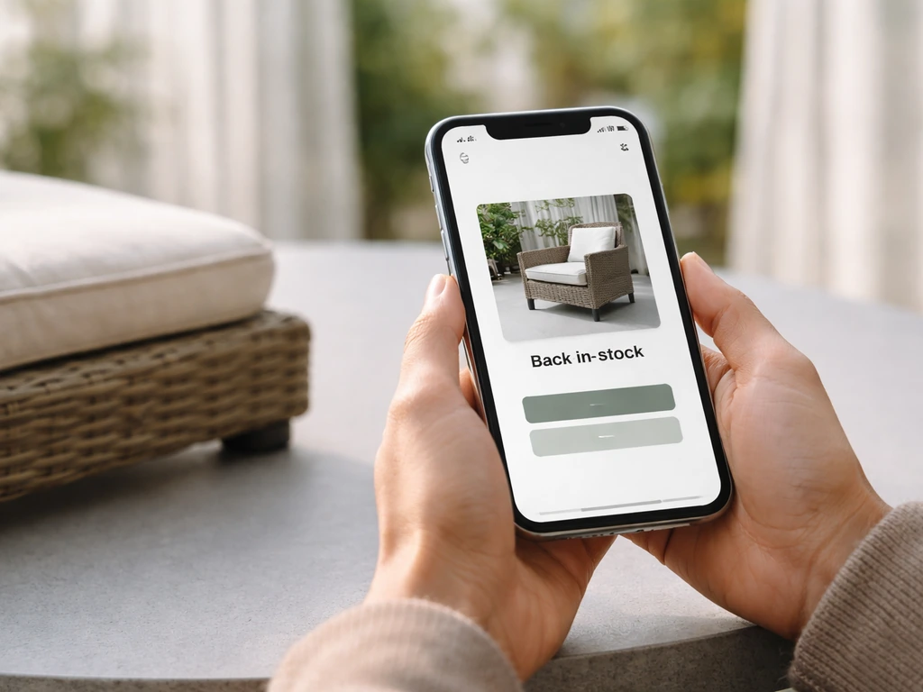 Hands on a smartphone with a generic back-in-stock notification over a simple outdoor furniture setup.