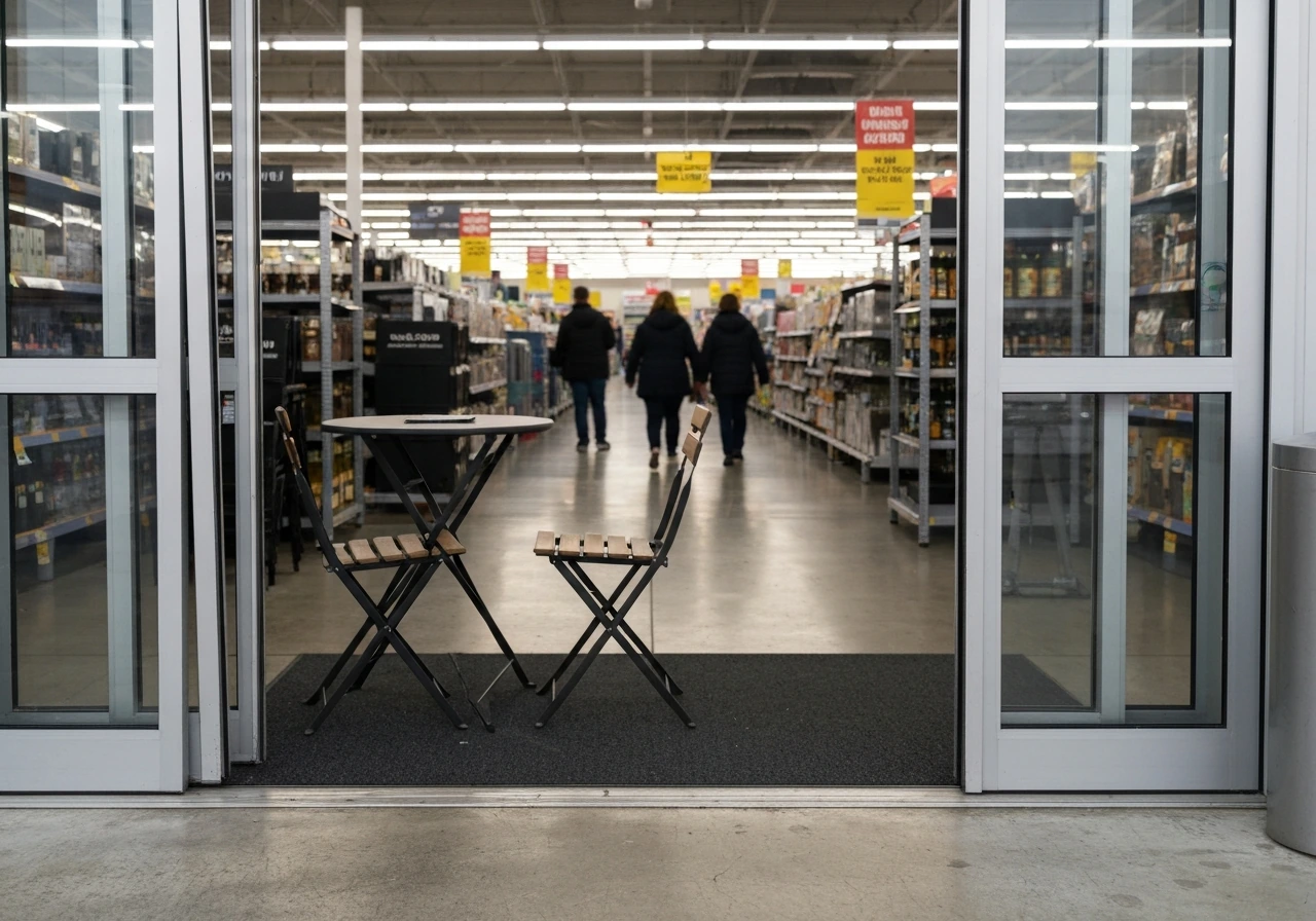 Outdoor patio dining set displayed by a big-box store entrance, shoppers blurred in the background.