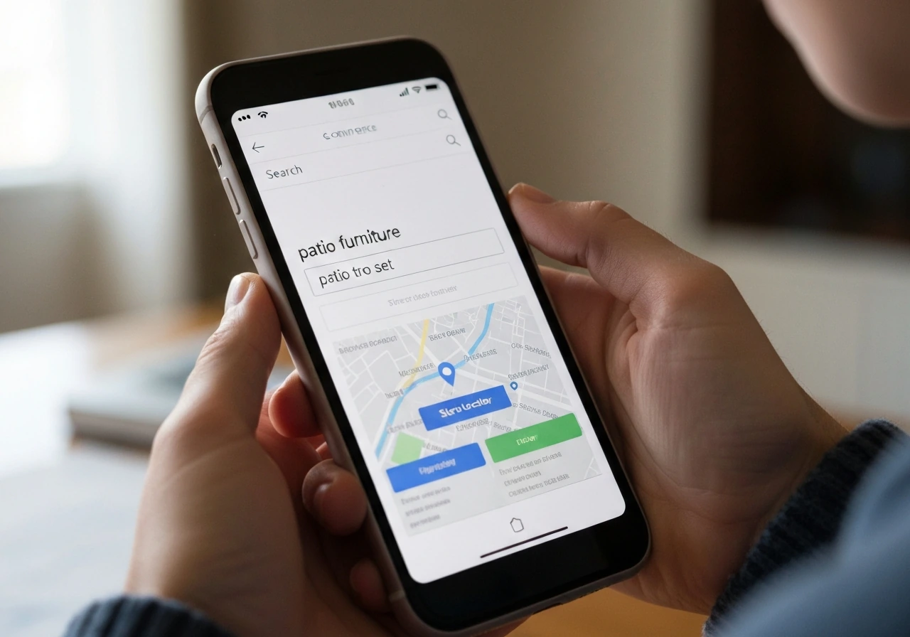 Hands using a phone showing a generic patio furniture search and store-locator flow.