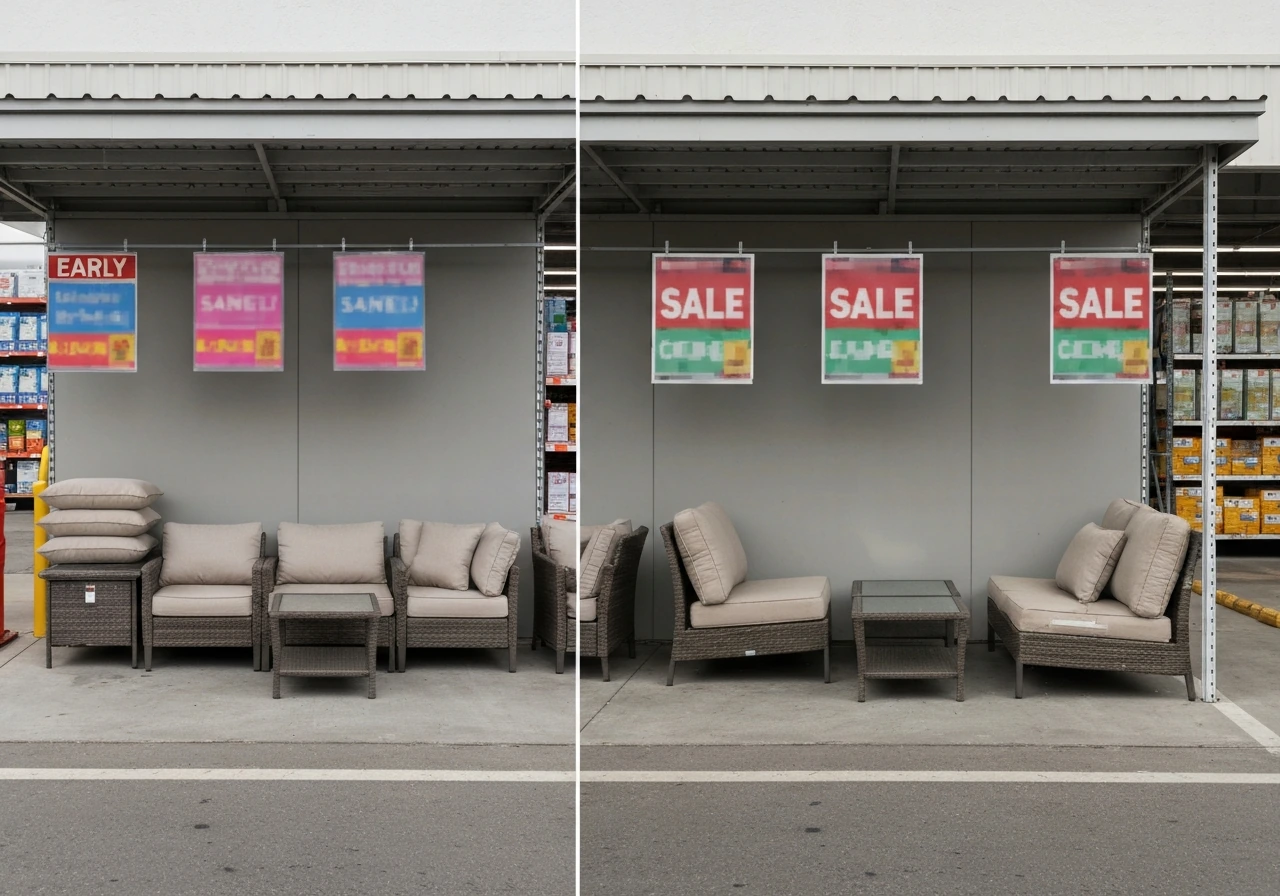 Minimal patio furniture display showing early-season vs end-of-season clearance mood with discount signs blurred