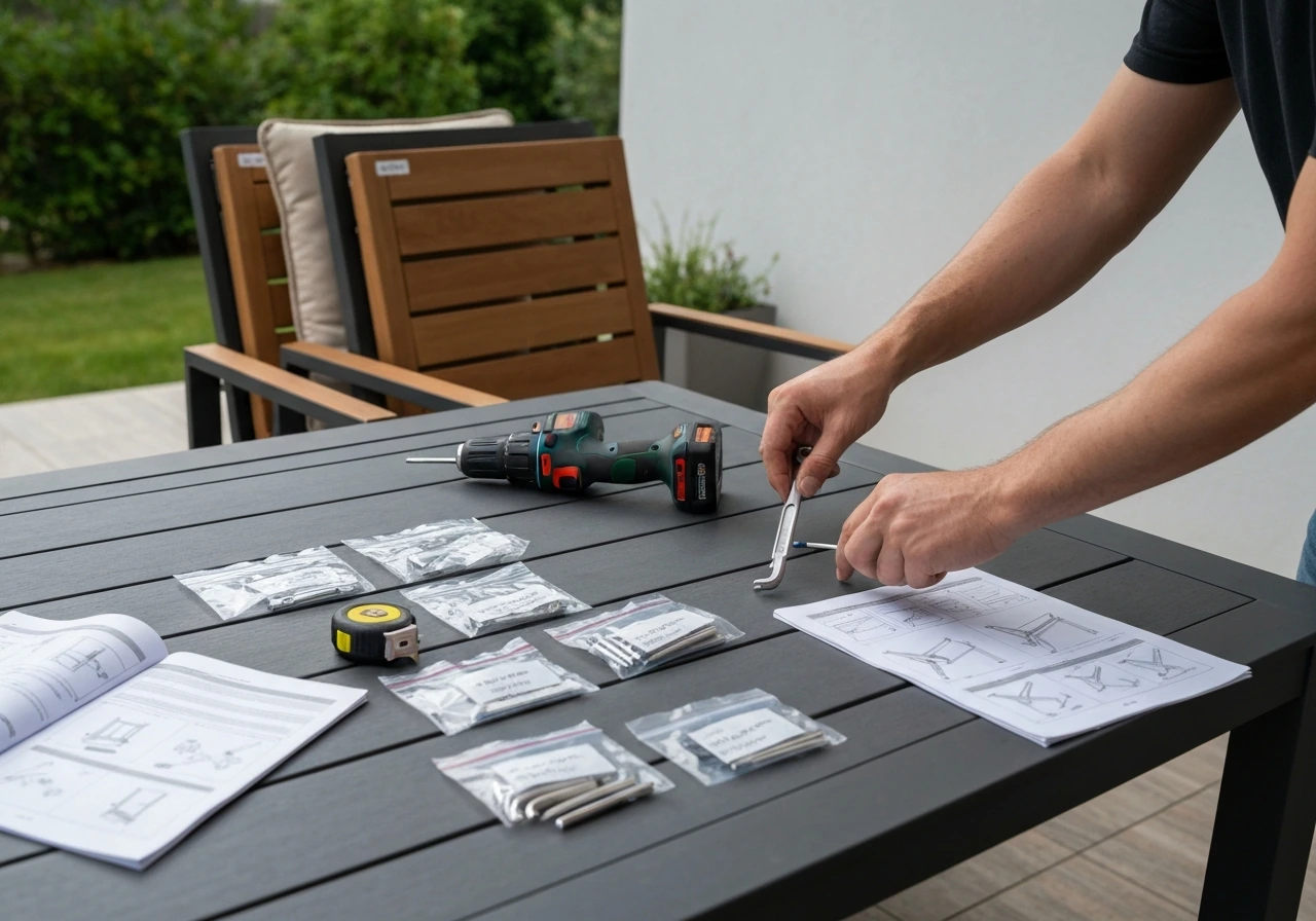 Tools, hardware, and assembly manuals laid out on a patio table before assembling a dining set.