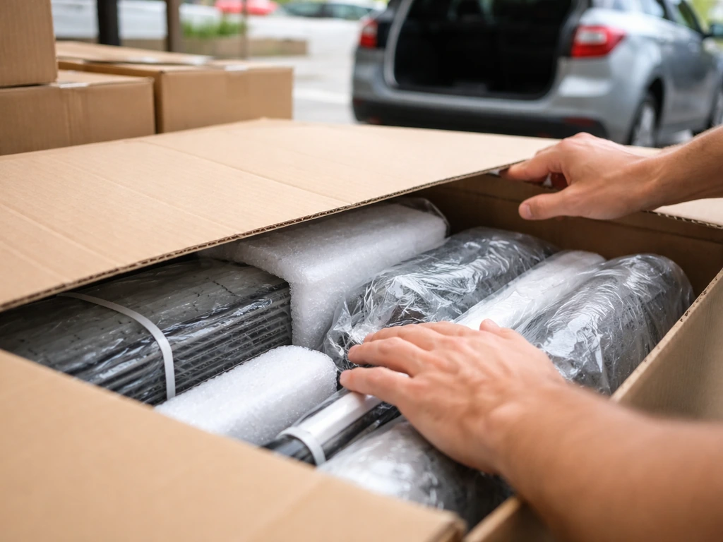 Hands open a patio furniture box and check the protected parts before loading into a car