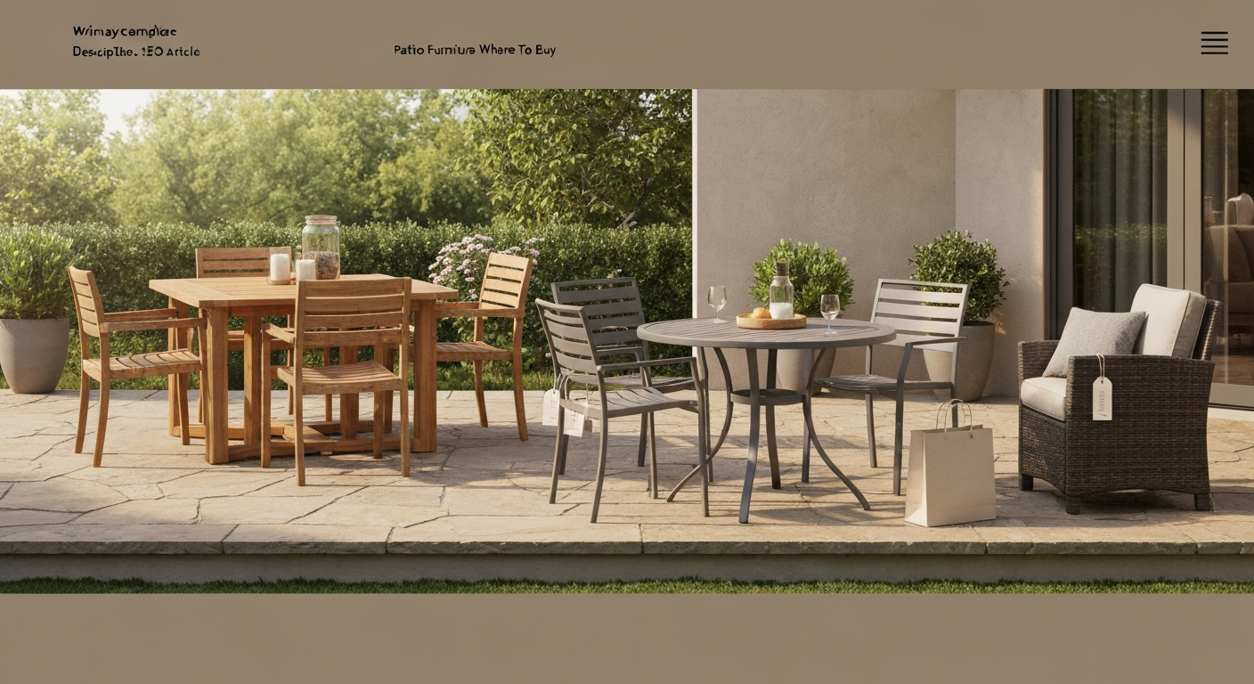 Outdoor patio scene showing several styles of patio tables and chairs on a stone patio, with subtle shopping cues.