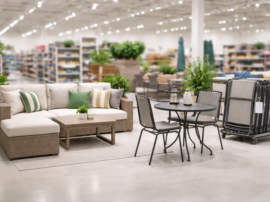 Patio furniture sets displayed on a retail showroom floor, showcasing in-store selection.