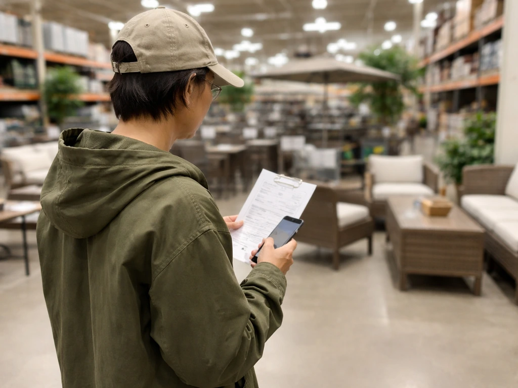 Shopper reviewing a checklist in a home improvement store aisle near patio sets