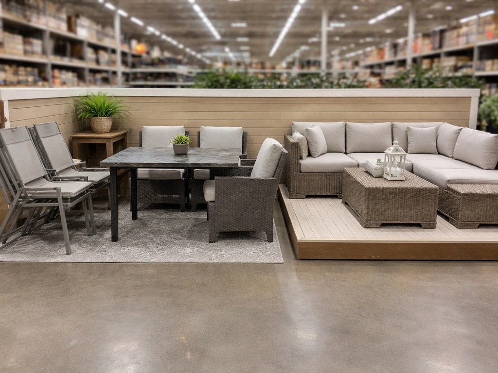 Home Depot patio furniture display with folding chairs, a small set, and a sectional set.