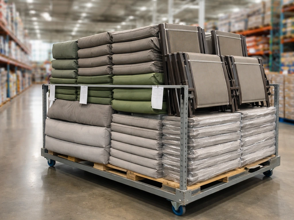 Costco warehouse patio furniture set display on a wheeled pallet with hanging inventory tags