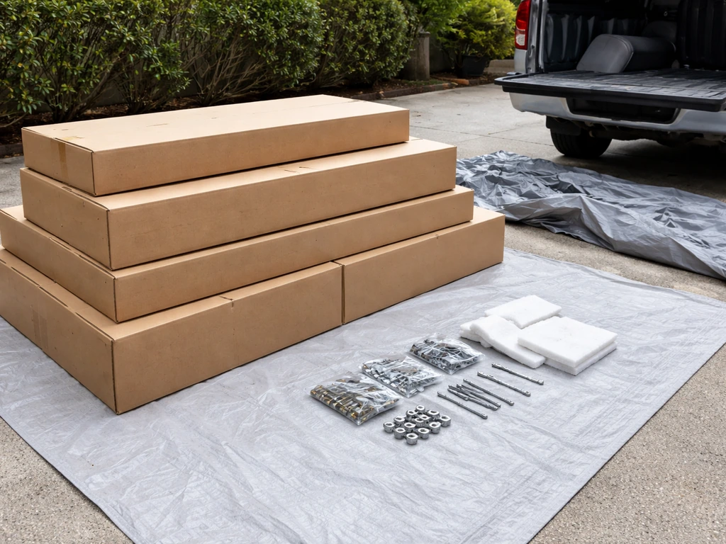 Patio furniture delivery boxes with assembly hardware laid out on a tarp by a driveway.
