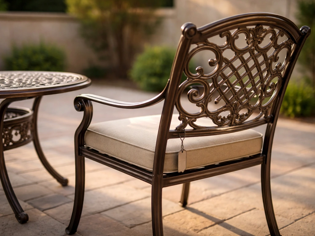 Outdoor patio with cast-aluminum chairs and table, showing a subtle product origin tag on the furniture.