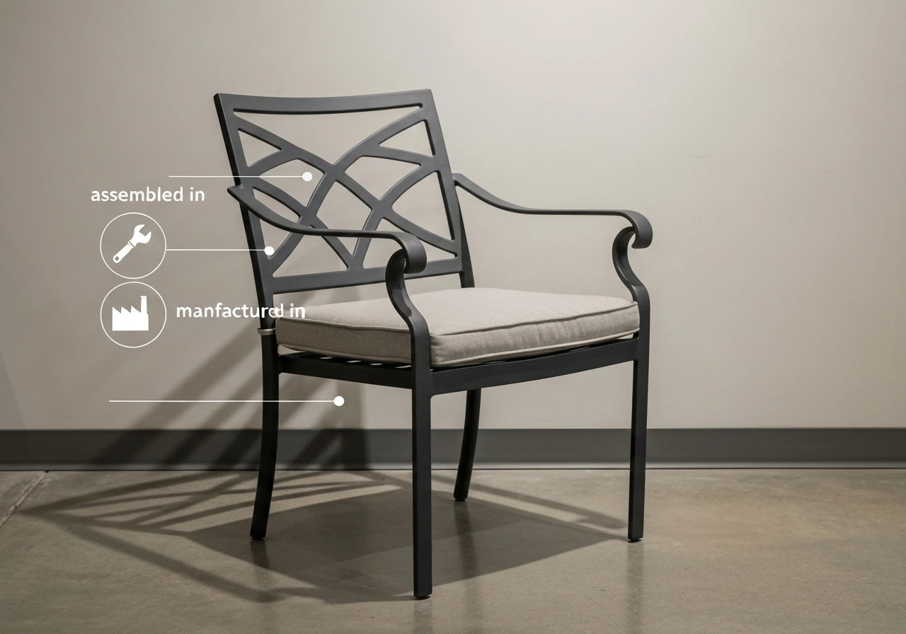 Patio furniture showroom scene with a clear overlay showing assembled vs manufactured concepts.
