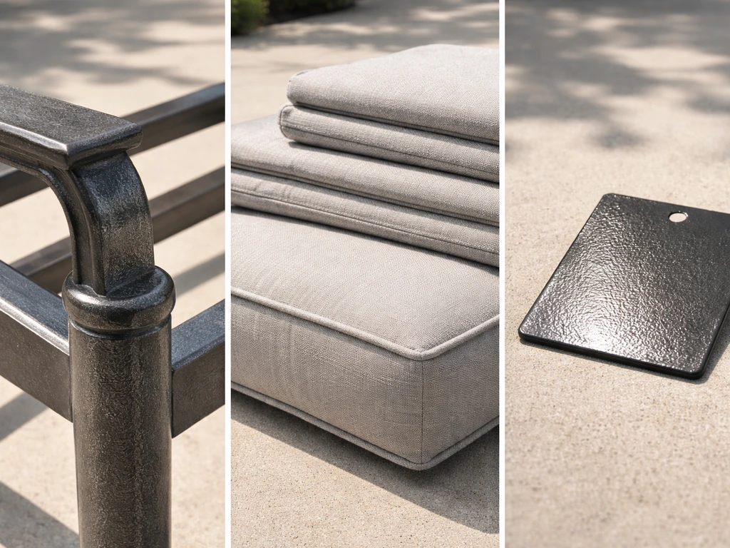 Minimal patio set components—cast-aluminum frame, cushions, and finish materials—laid out separately on a patio.