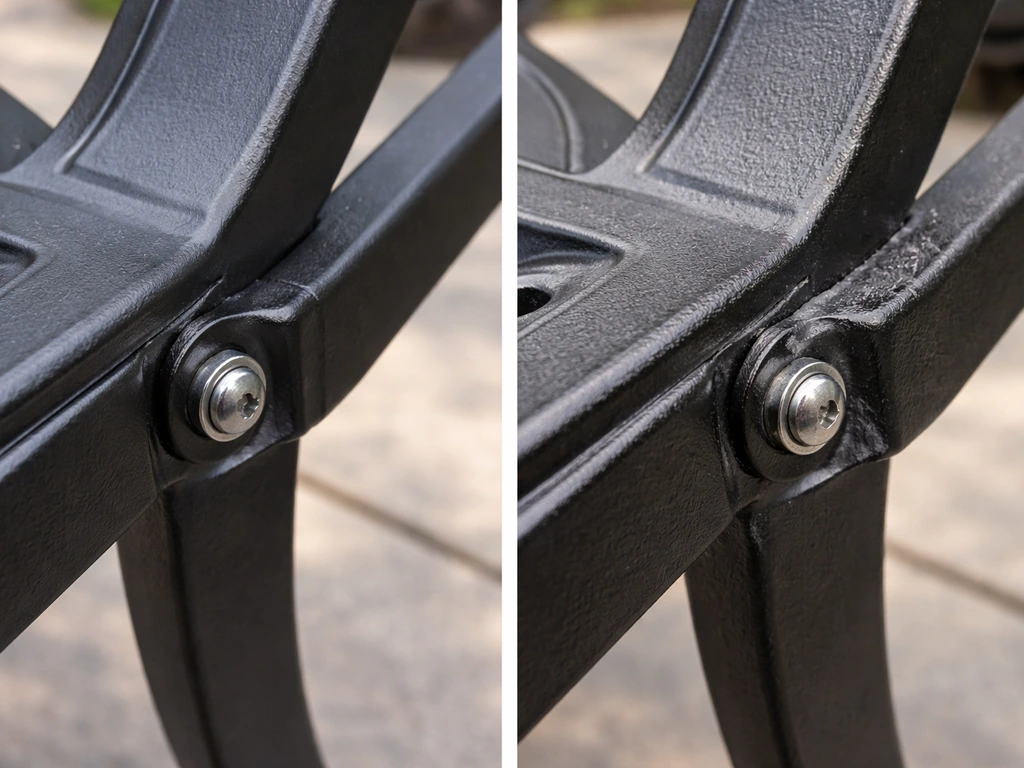 Close-up of two cast-aluminum outdoor furniture details showing differences in finish and hardware quality.