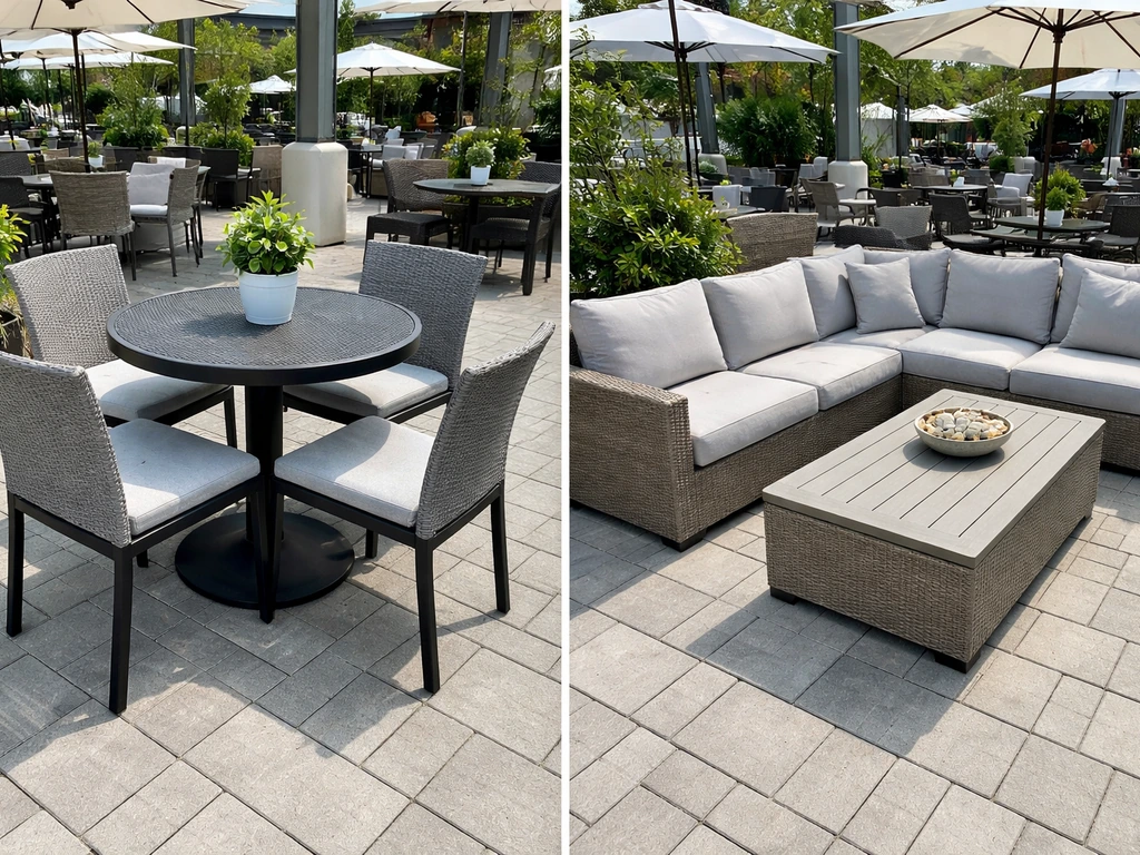 Side-by-side view of an outdoor dining set and a lounge conversation sectional on a patio showroom floor