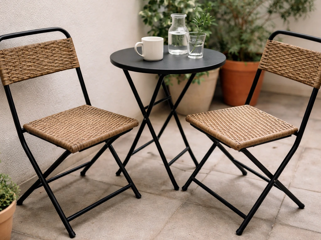 Close-up of compact bistro patio chairs beside a small table on a tiny outdoor patio