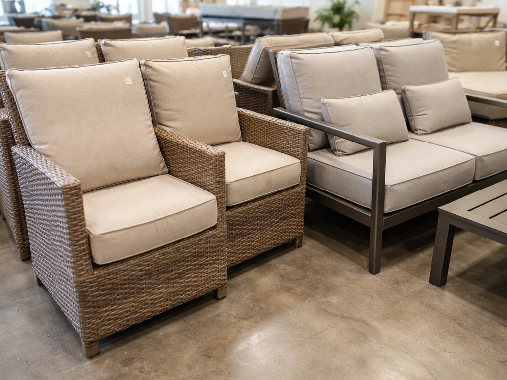 Close view of different patio furniture sets with varied materials and indistinct branding details.