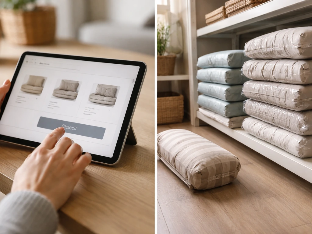 Side-by-side scene: online checkout-style cushion shopping and a local store aisle with patio cushions.