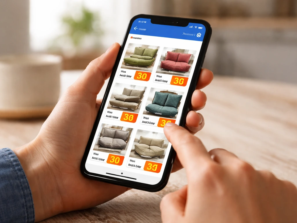 Hands holding a phone showing outdoor cushion clearance “Was/Now” prices and a cart total.