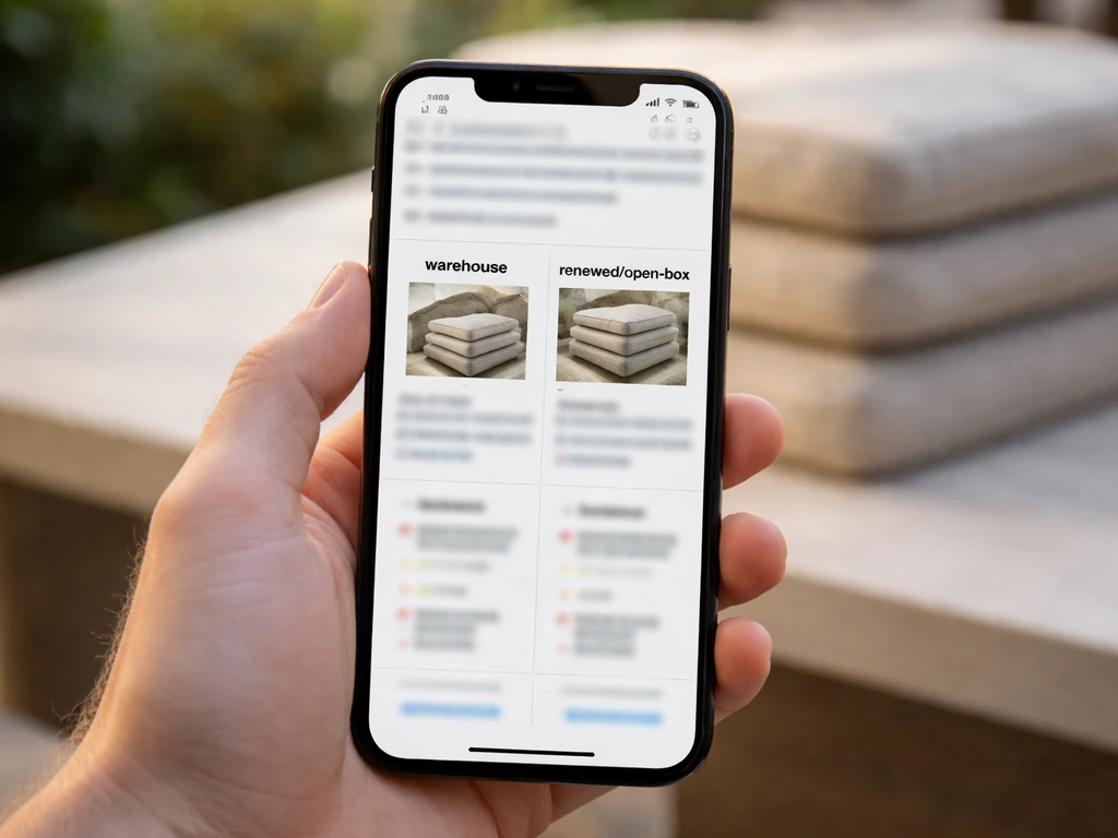 Hand holding a smartphone showing blurred Amazon-style patio cushion options with price comparison areas.