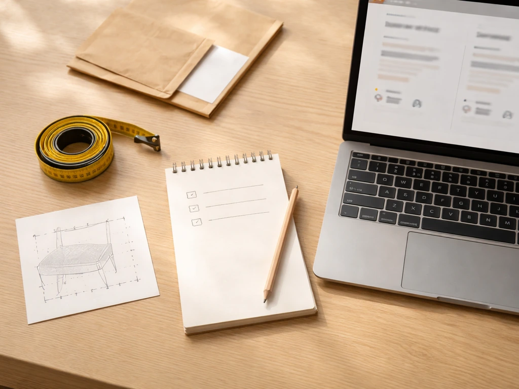 Flat lay of tape measure, chair-seat dimensions card, and a decision checklist beside a laptop showing price comparison.