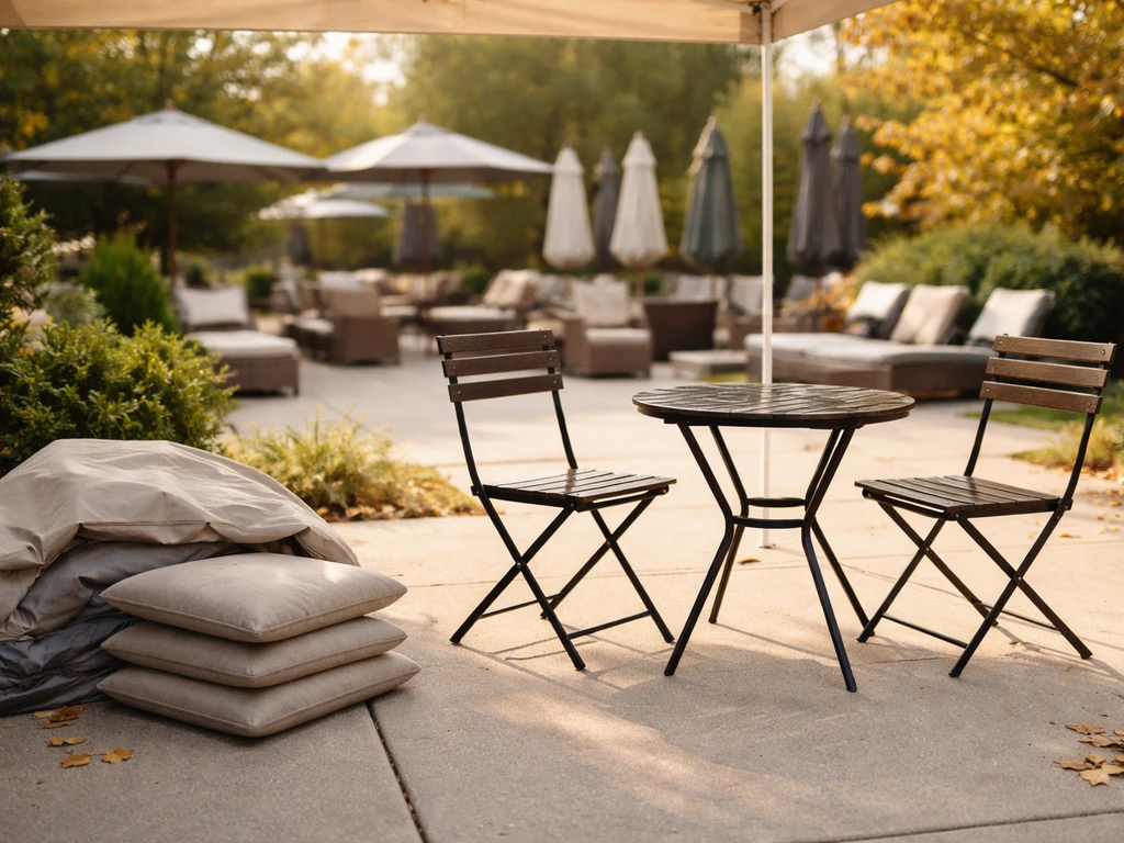 Patio furniture on display with a clearance vibe, sunlit outdoor retail setting