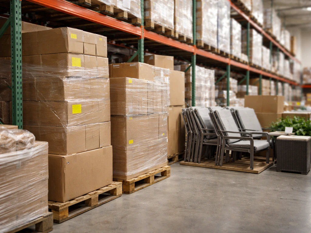 Warehouse club aisle with stacked cartons and pallets and a few patio sets, clearance stickers visible but unreadable.