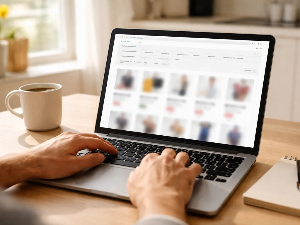 Laptop on a kitchen table showing a blurred retail clearance page, suggesting checking deals on a set schedule.