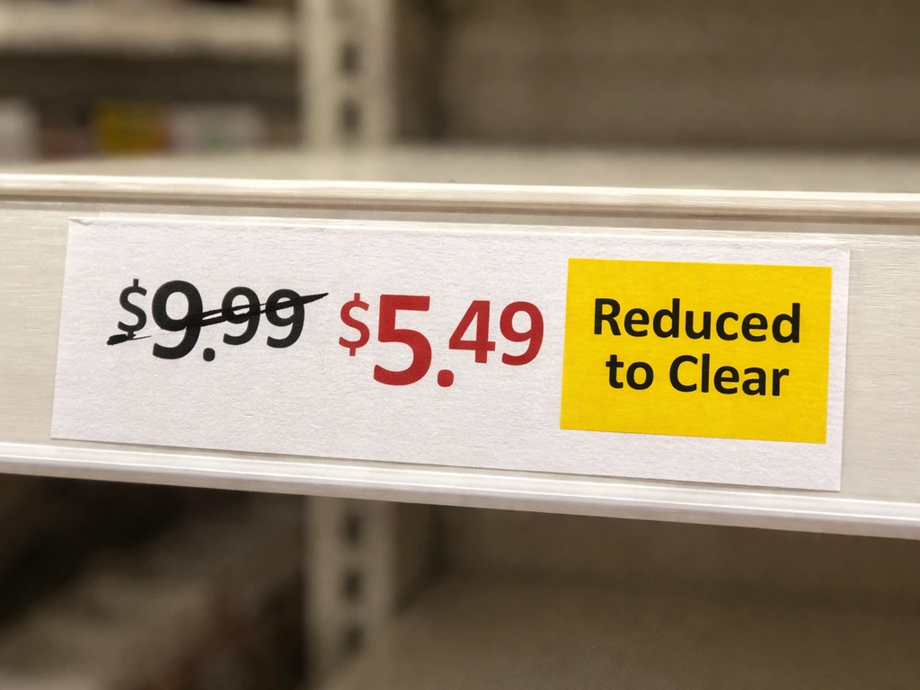 Close-up of a retail price tag showing a crossed-out original price and a clearance reduction sticker.