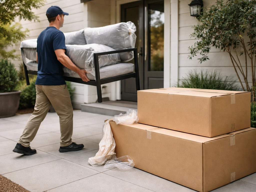 Delivery team brings a mostly assembled patio furniture set on a porch with moving boxes nearby.