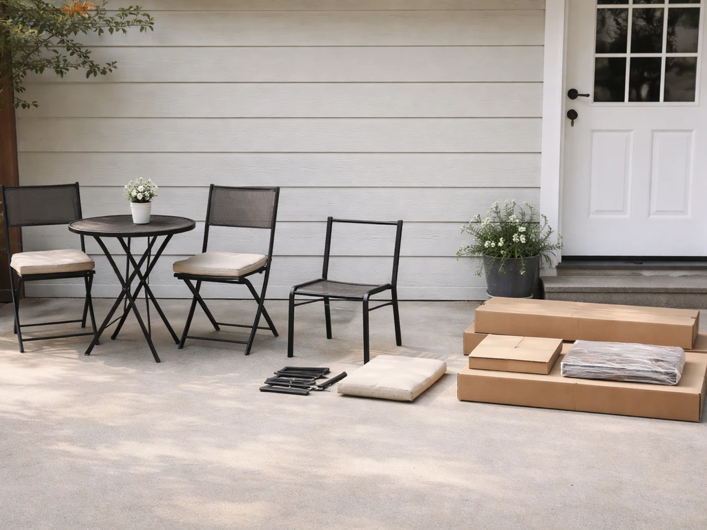 Three patio furniture cases side by side: fully assembled set, partly assembled frame, and boxed components.
