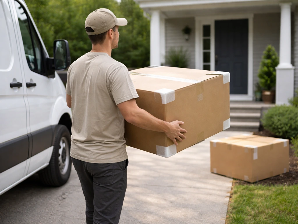 Delivery driver bringing a boxed patio furniture set to a suburban home porch
