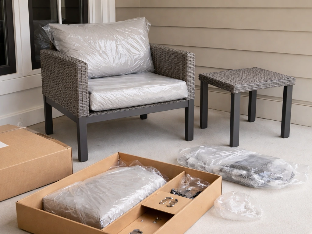 Patio chair and small table on a porch with protective wrap and delivery boxes nearby, near-ready setup.