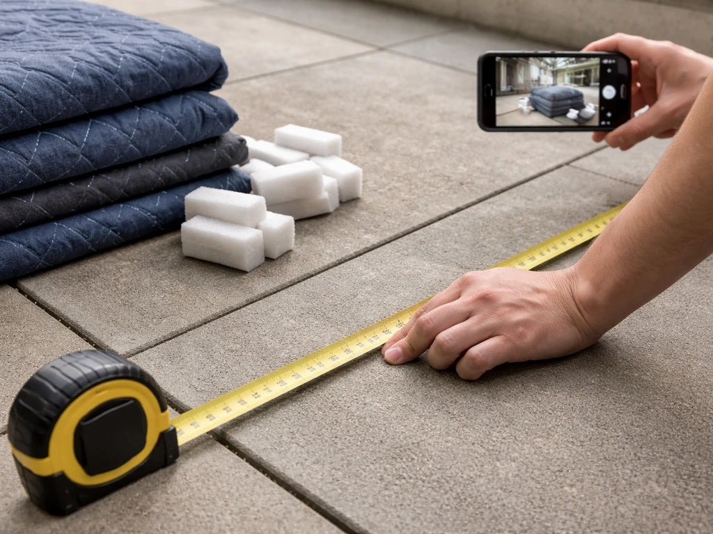 Hands measuring a patio while moving blankets and corner protectors sit nearby, phone photographing packaging.