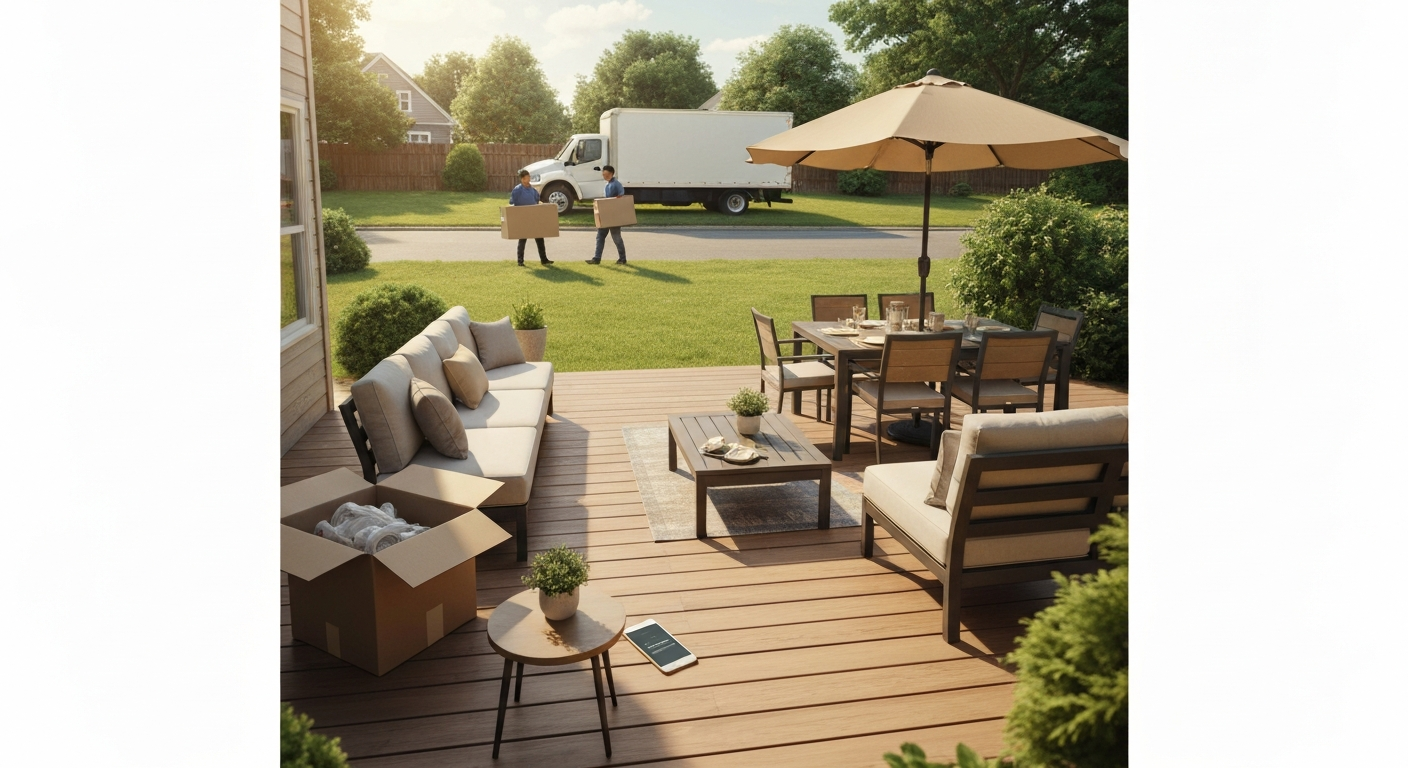 Backyard patio with newly delivered patio furniture and a logo-free delivery truck in the background; two delivery workers carry a boxed chair toward the house.