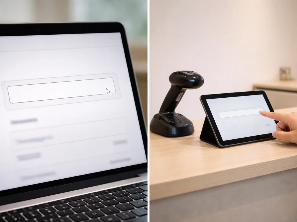 Split scene showing checkout promo code entry online versus pickup counter with code step.