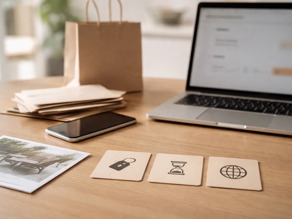 Minimal checkout desk scene with a simple visual checklist indicating wrong category, expired, and online-only promo iss