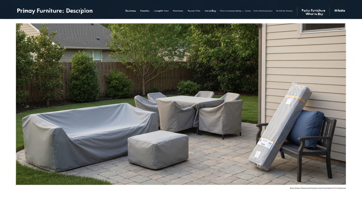 Backyard patio with several types of patio furniture covers: a fitted sectional cover, covered dining chairs, and a packaged cover on a bench, shot in soft natural light.
