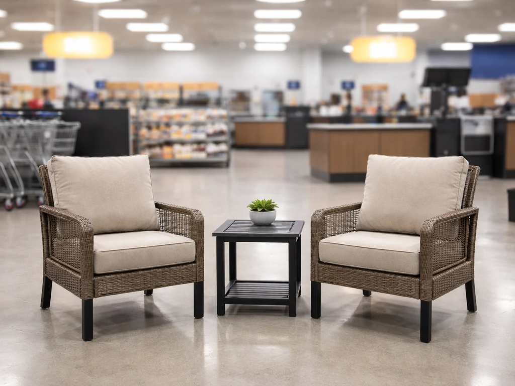 Patio furniture set displayed on a big-box store floor with blurred checkout lane and glowing sale tags.