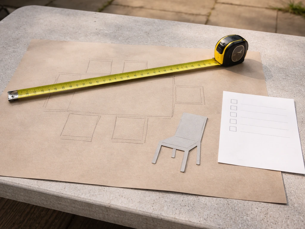 Measuring tape laid over patio space plan with a blank checklist and chair footprint outline on paper.
