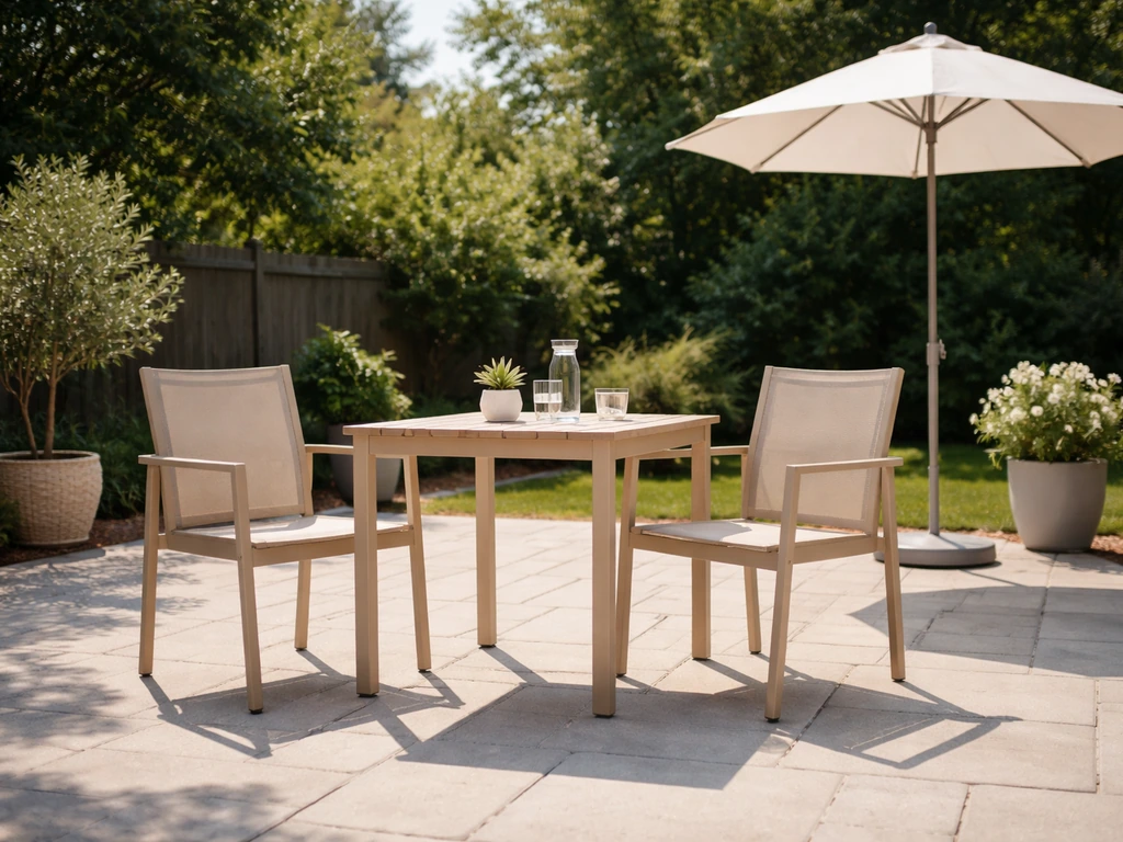 Bright outdoor patio with a table, chairs, and a closed umbrella suggesting patio furniture availability.