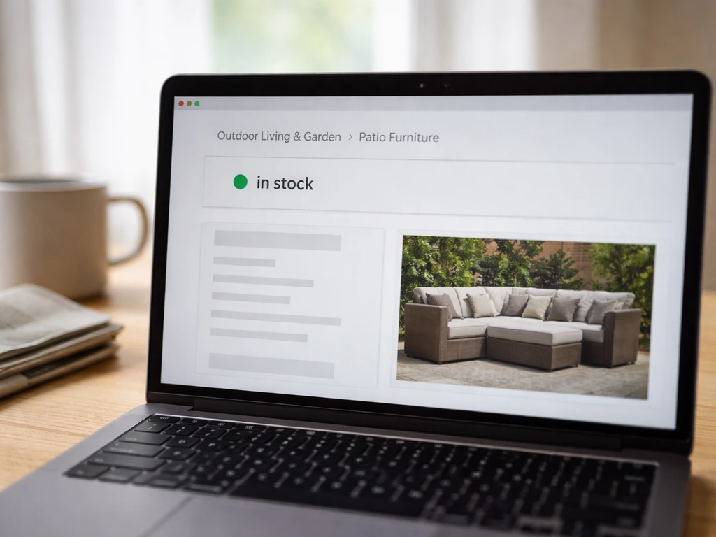 Laptop showing a shopping website category path to Outdoor Living & Garden > Patio Furniture with an in-stock indicator.