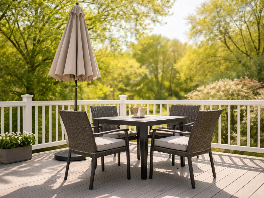 Sunlit patio scene with umbrella and dining set, suggesting seasonal Target patio furniture deals timing.