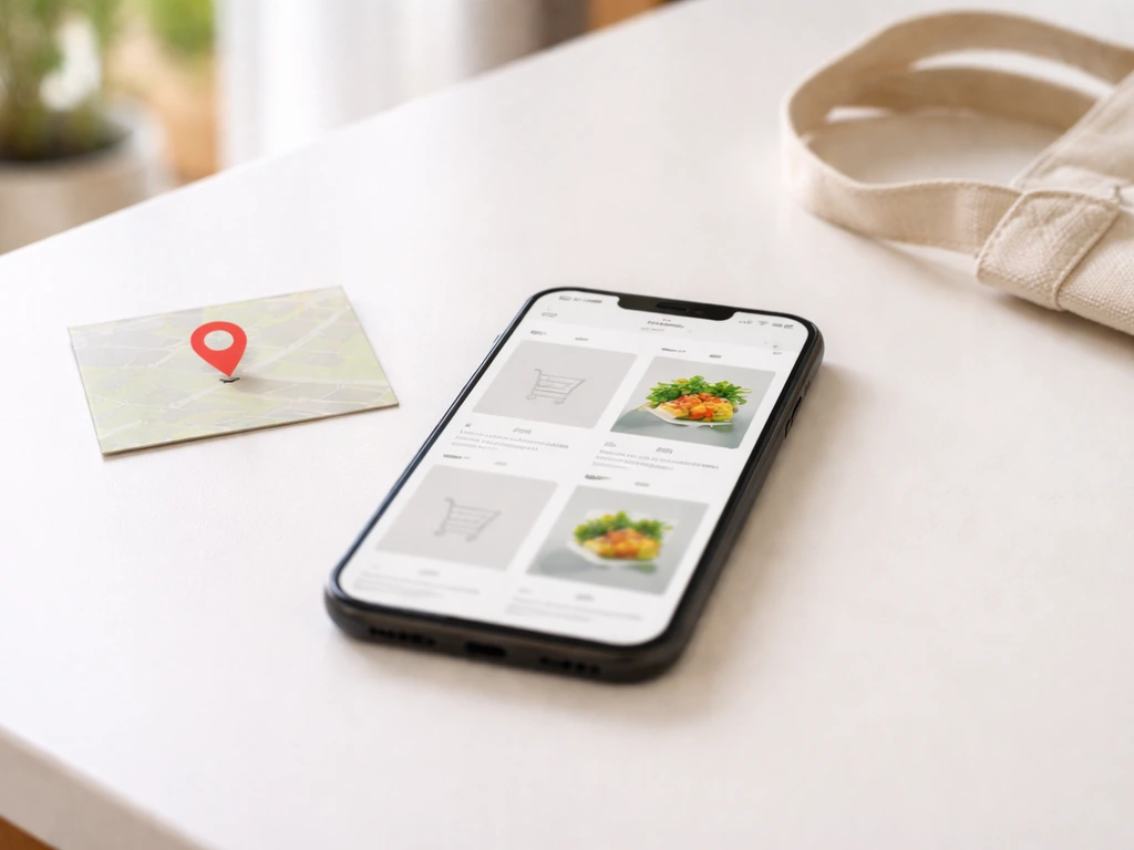 Phone on a table showing unavailable and alternative store options with a simple pin marker nearby.
