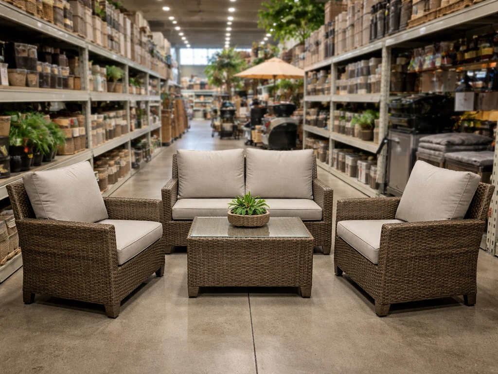 Patio furniture set displayed in a home improvement store aisle, natural light, no people.