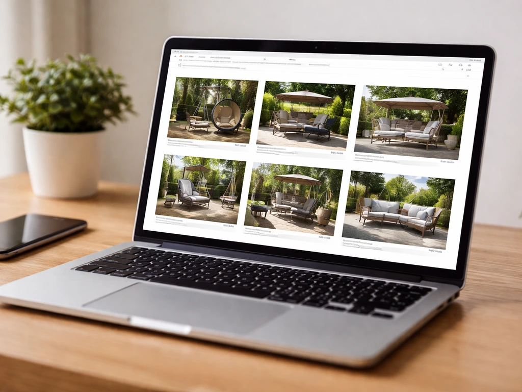 Laptop showing a blurred patio furniture product listings page on a wooden desk with small plant nearby.