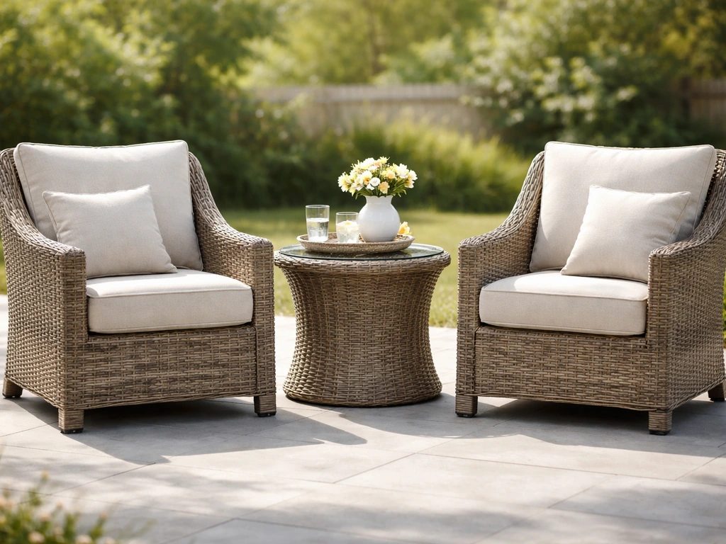 Bright patio scene with cushioned wicker chairs and a small table in natural daylight.
