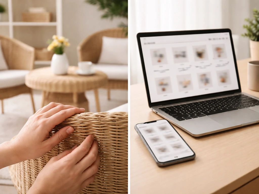 Split scene: wicker patio set in a store for touch vs. phone showing online shopping for delivery waiting