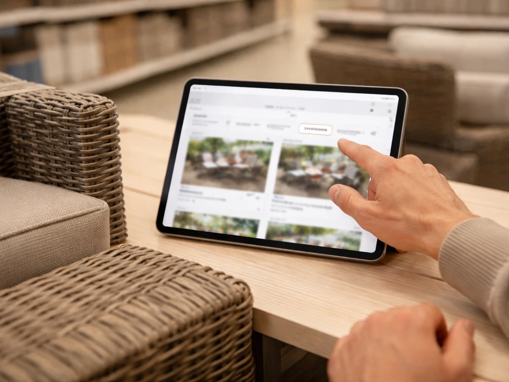 Anonymous hands browsing wicker patio furniture on a tablet in a quiet retail aisle.