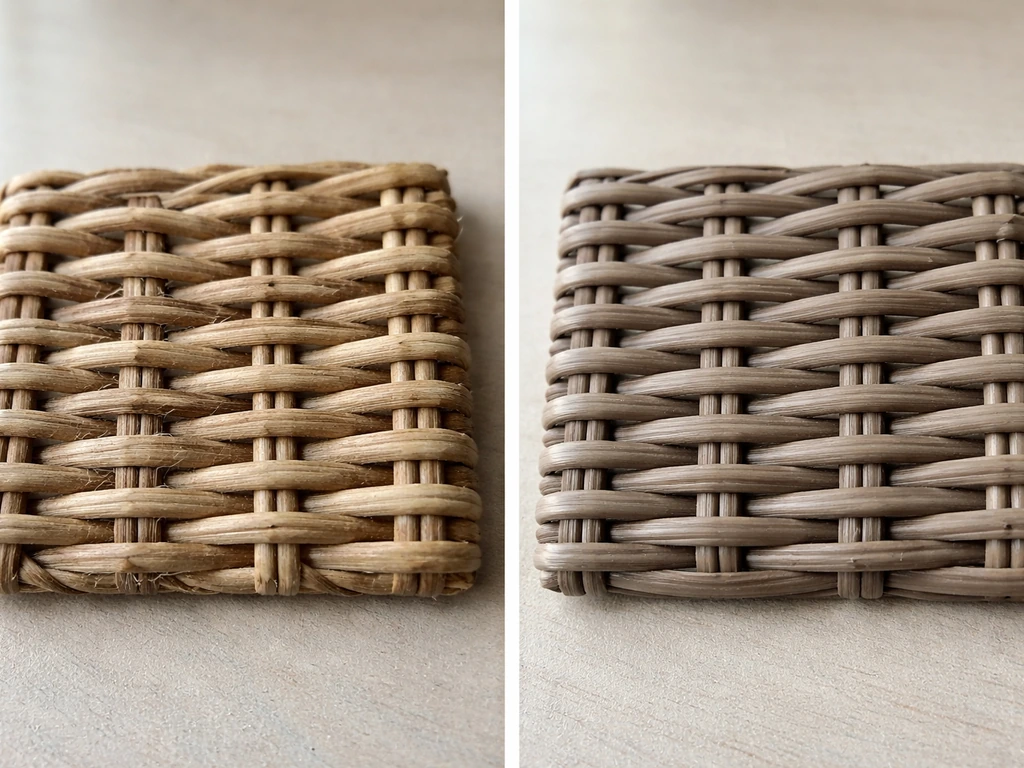 Side-by-side close-up of natural rattan weave and uniform resin wicker weave in natural light.